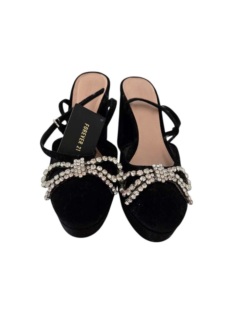 Forever 21 Black Velvet HeelWith Rhinestone Bow With Ankel Strap